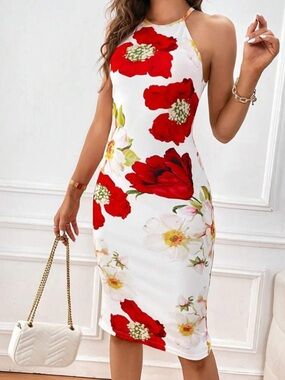 NWOT Clasi Floral Halter Neck Bodycon Midi Dress - Size XL (A)
